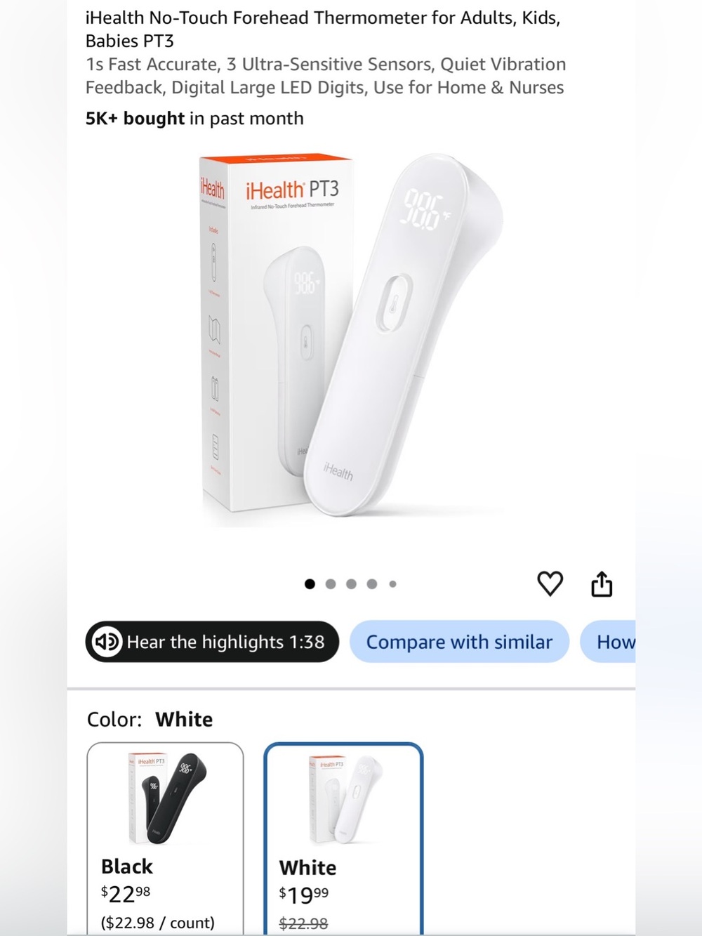 iHealth PT3 White Digital Infrared Forehead Thermometer